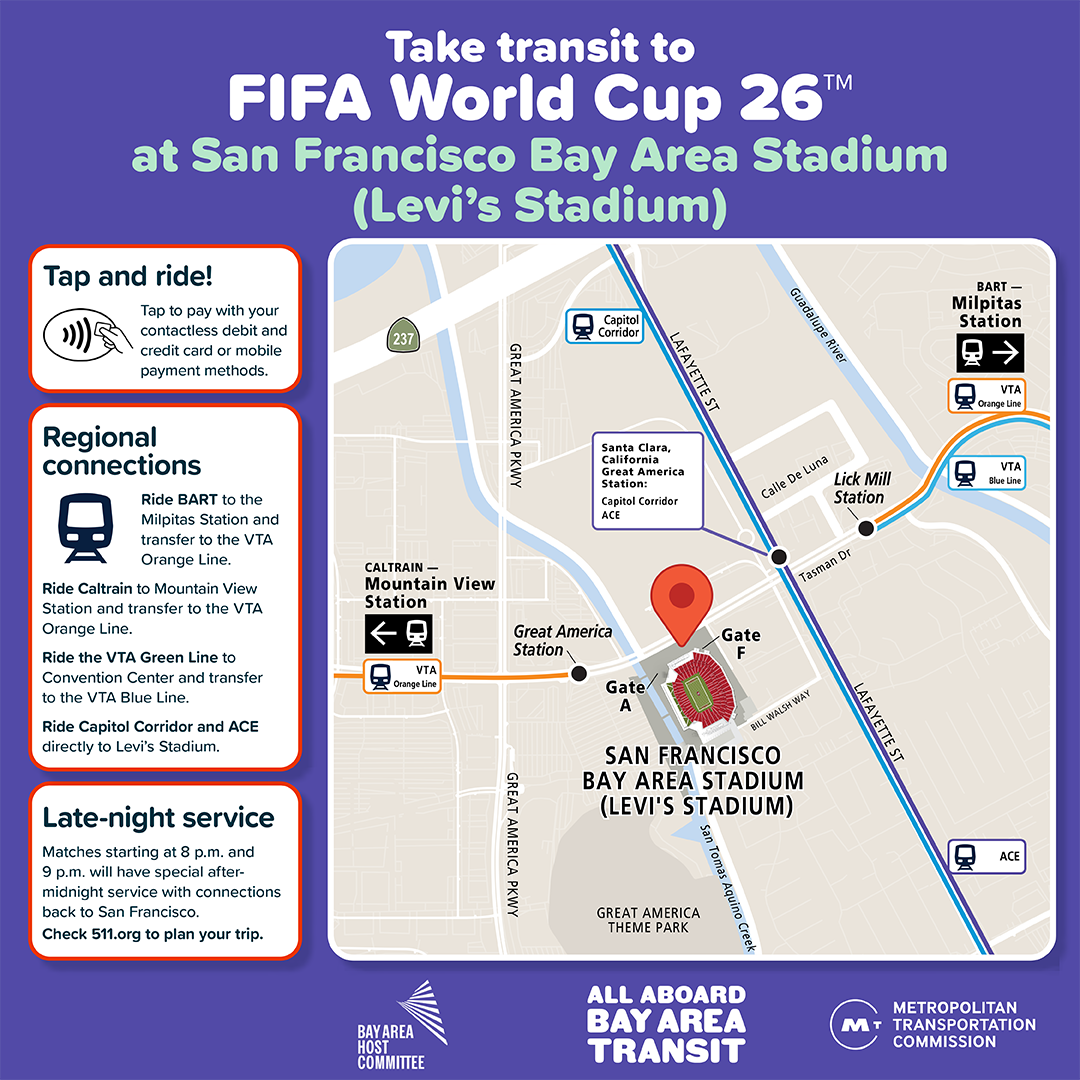 Map and information about Bay Area transit options for attending the FIFA World Cup 26 at Levi's Stadium in San Francisco, showing routes to the stadium, connections to BART, Caltrain, and late-night services.