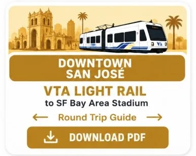 A tram on a map poster promoting Downtown San Jose VTA Light Rail to SF Bay Area Stadium, with a historic building and palm trees in the background, and a "Download PDF" button.