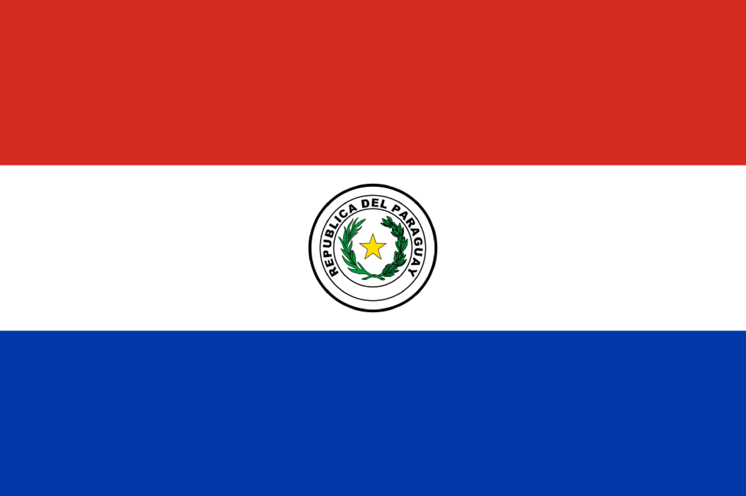 Flag of Paraguay with red, white, and blue horizontal stripes and the national coat of arms in the center.