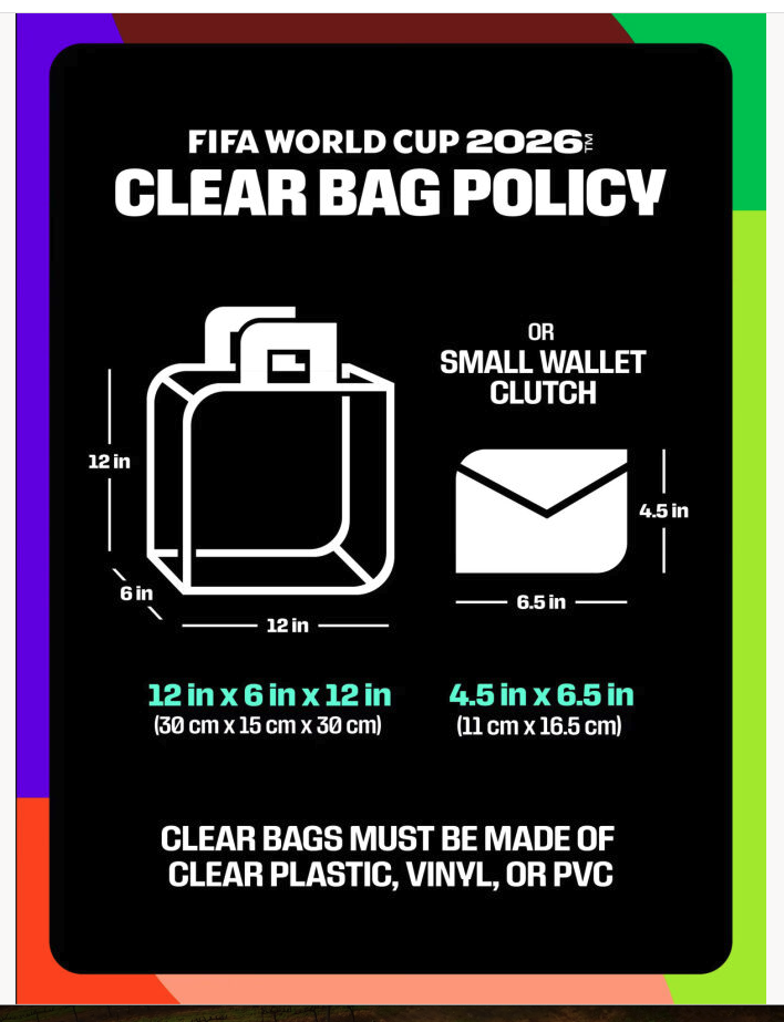 FIFA World Cup 2026 clear bag policy sign showing acceptable bag dimensions of 12 inches by 6 inches by 12 inches and small wallet clutch measuring 4.5 inches by 6.5 inches, with instructions that bags must be made of clear plastic, vinyl, or PVC.
