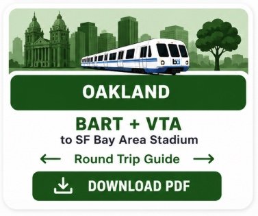 Travel guide for Oakland BART and VTA trains to San Francisco Bay Area Stadium, with a cityscape, train, tree, and download PDF button.
