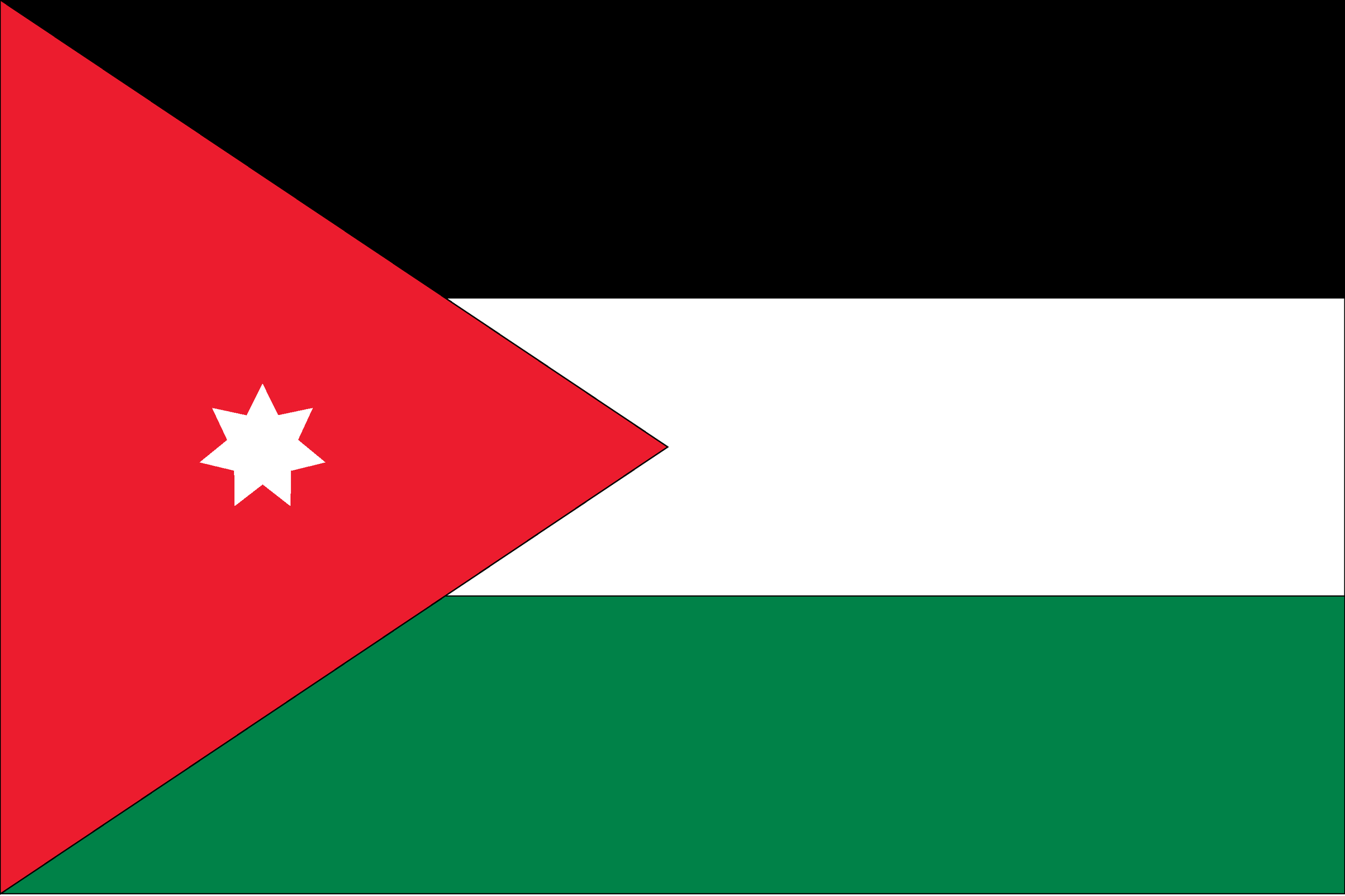 Flag of Jordan with its horizontal black, white, and green stripes and a red triangle on the left containing a white seven-pointed star.