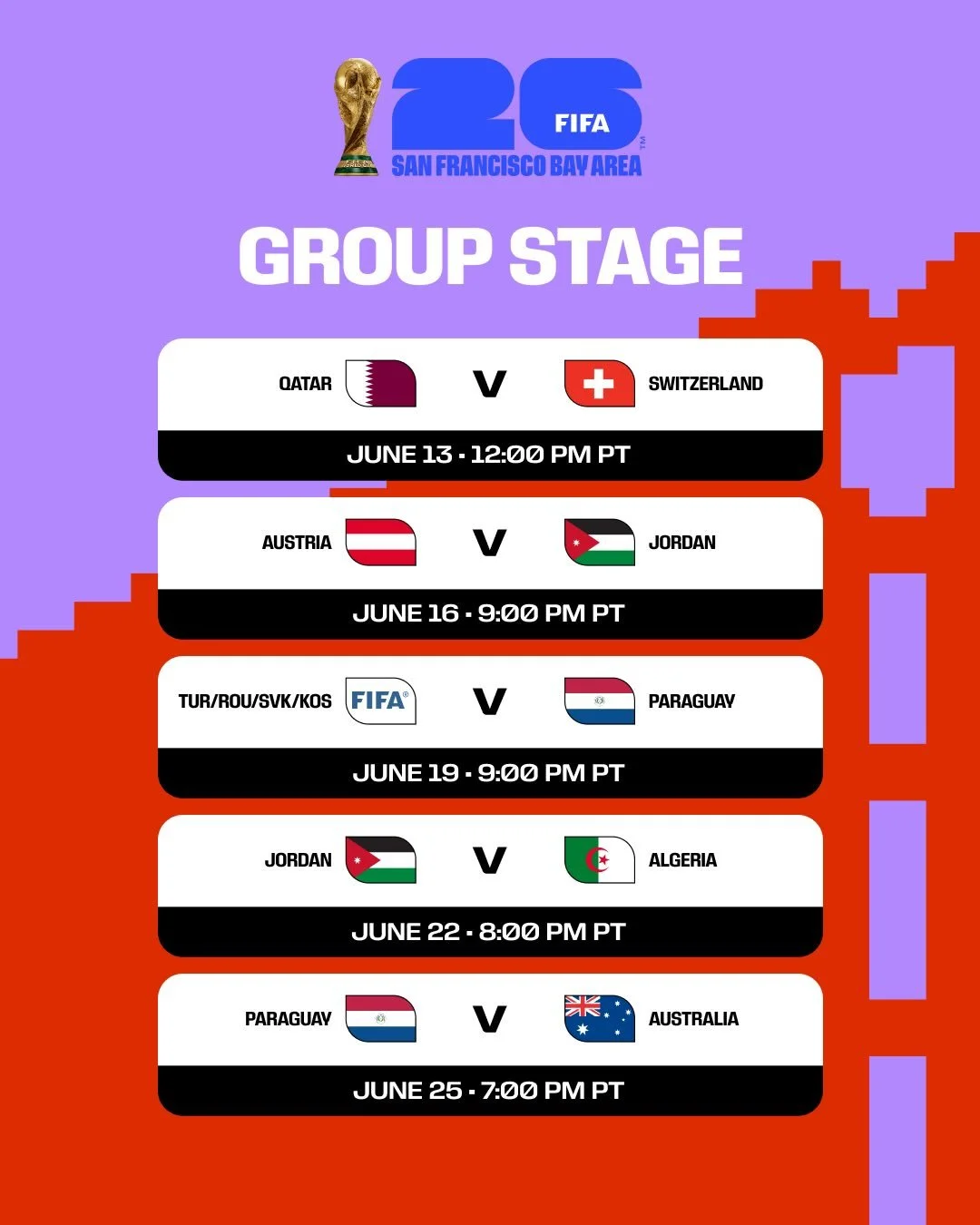 Schedule of FIFA World Cup group stage matches in June with team flags, dates, times, and match pairings, including Qatar vs Switzerland, Austria vs Jordan, Turkey/Russia/Sweden/Kosovo vs Paraguay, Jordan vs Algeria, and Paraguay vs Australia.