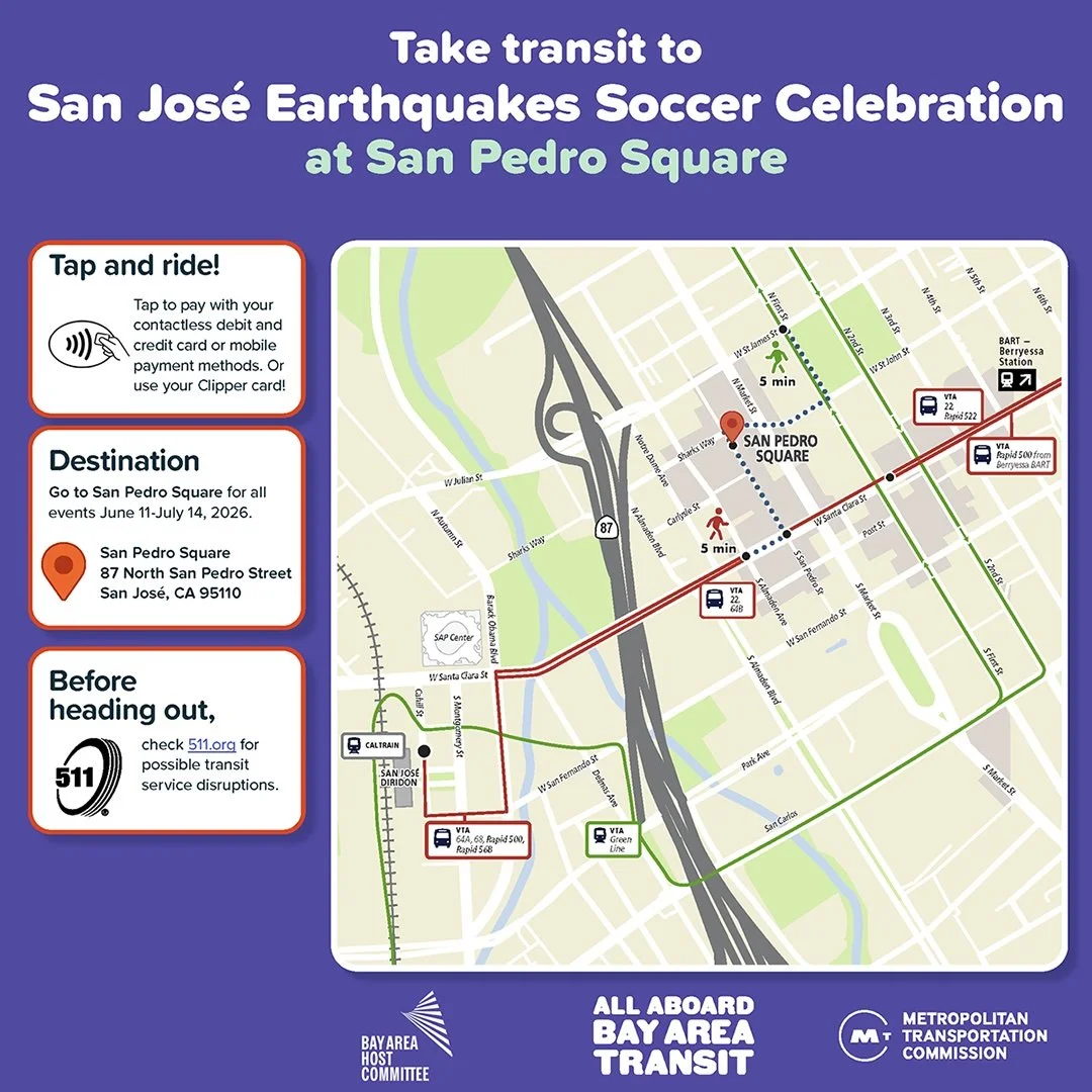 Map and instructions for taking transit to the San José Earthquakes Soccer Celebration at San Pedro Square, including bus routes, a map of the area, and information on ticketing and transit service disruptions.