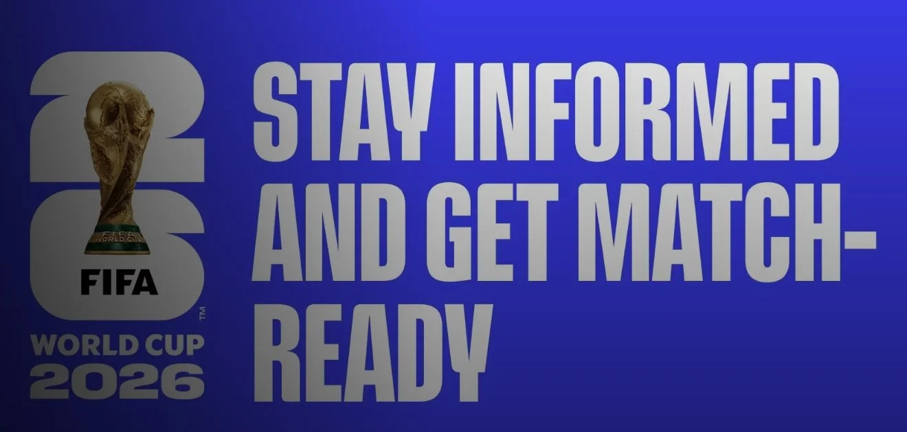 FIFA World Cup 2026 logo with a message reading 'Stay informed and get match-ready' on a blue background.