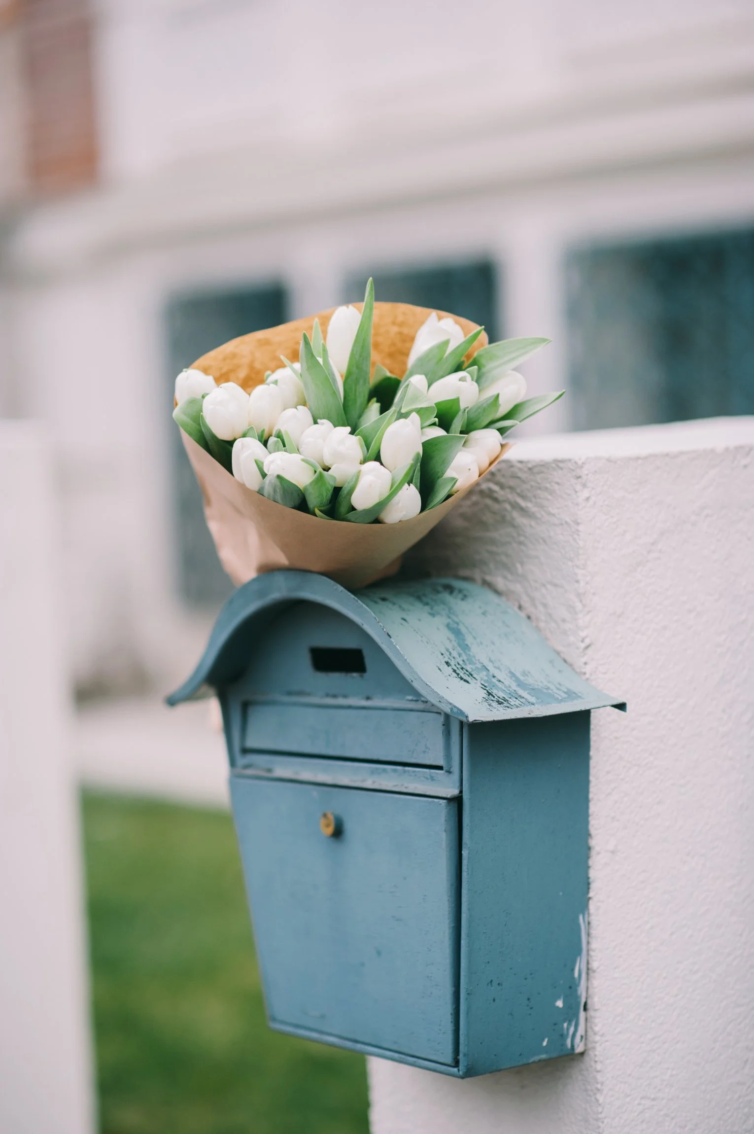 A bouquet of white tulips resting on top of a blue mailbox attached to a white wall outside a house.