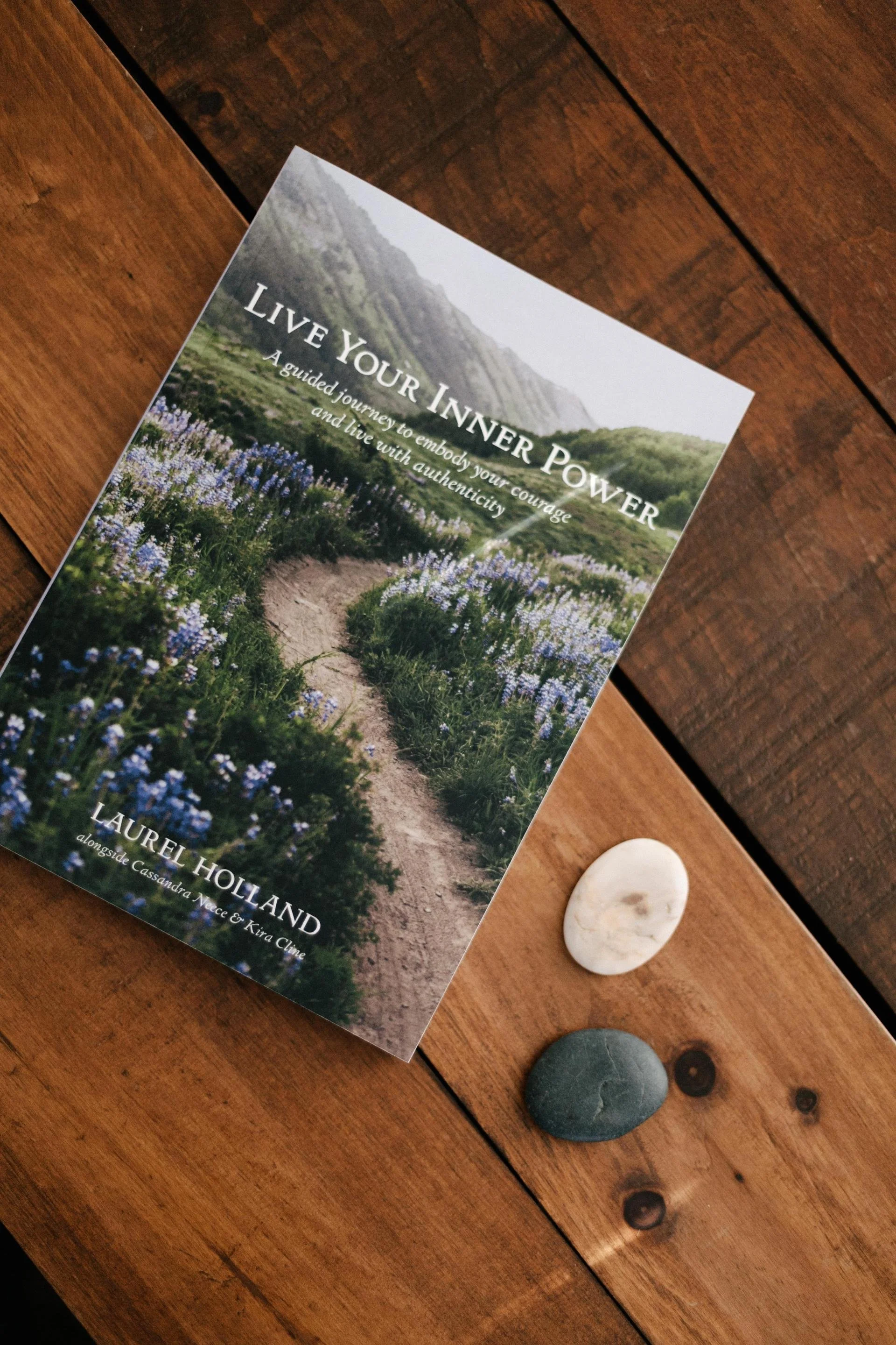 A brochure titled 'Live Your Inner Power' with a nature scene of a winding path through purple wildflowers and green hills. The brochure is on a wooden surface next to two stones, one light-colored and one dark-colored.