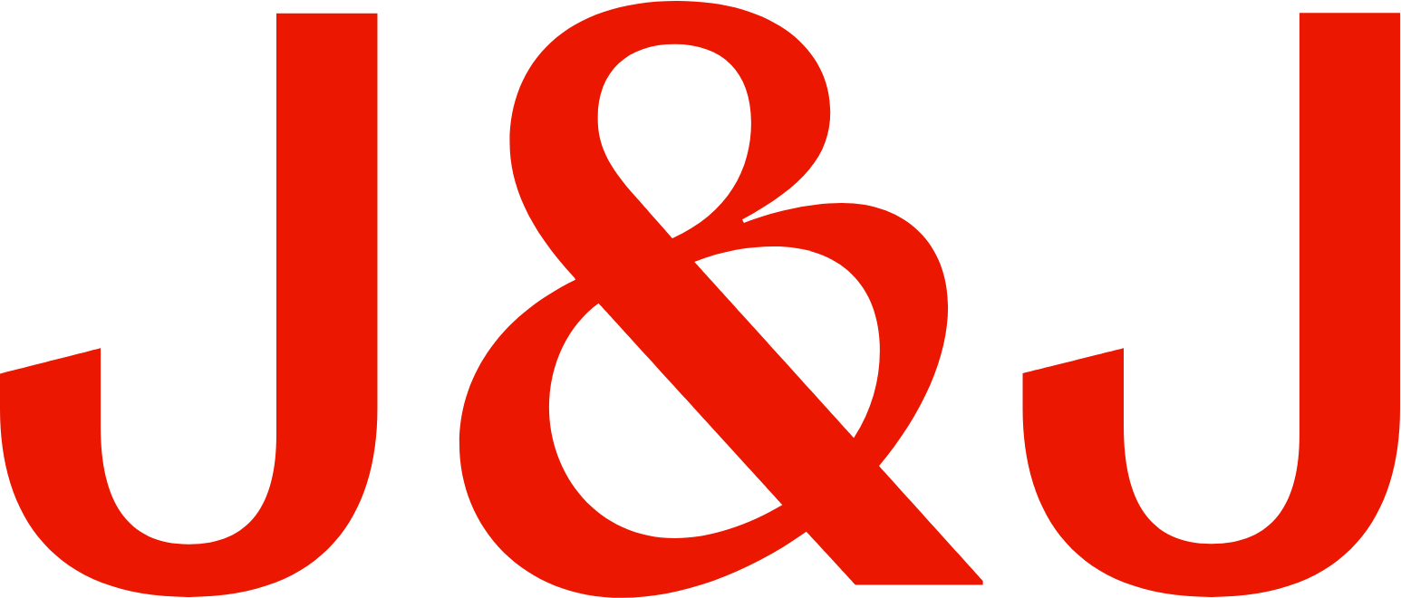 The text 'J & U' in bold red letters on a black background.