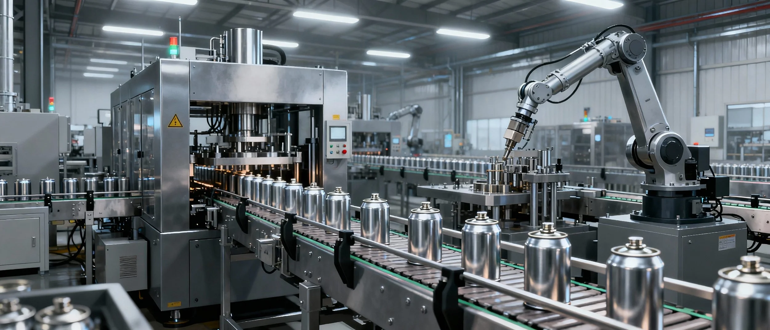 Automated manufacturing process with a robotic arm assembling or packaging metal cans on an industrial conveyor belt inside a factory.
