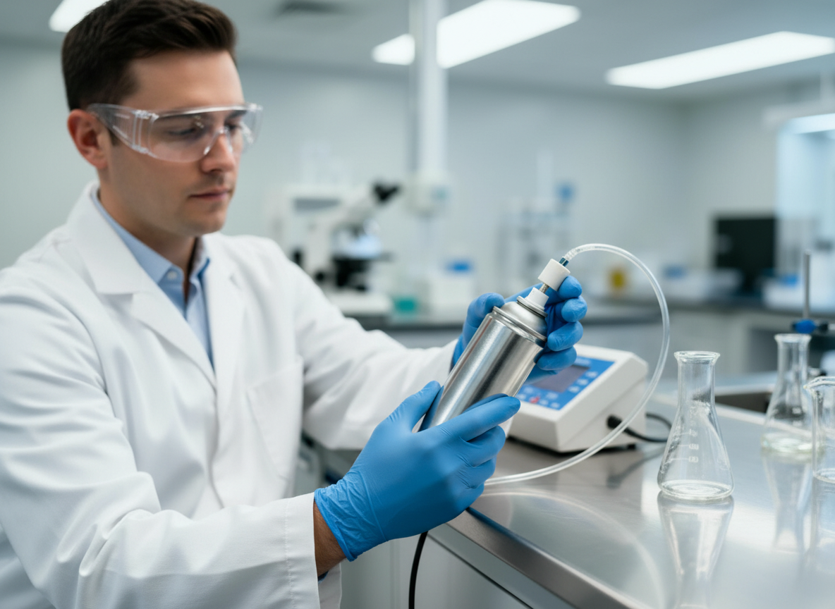 A scientist or lab technician wearing protective goggles and gloves, working with a stainless steel container and laboratory equipment in a lab setting.