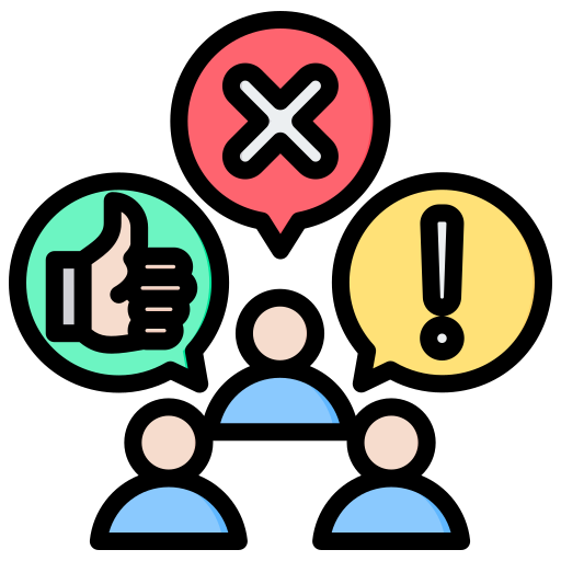 Graphic showing a person with three speech bubbles: a green thumbs-up, a red cross, and a yellow exclamation mark.