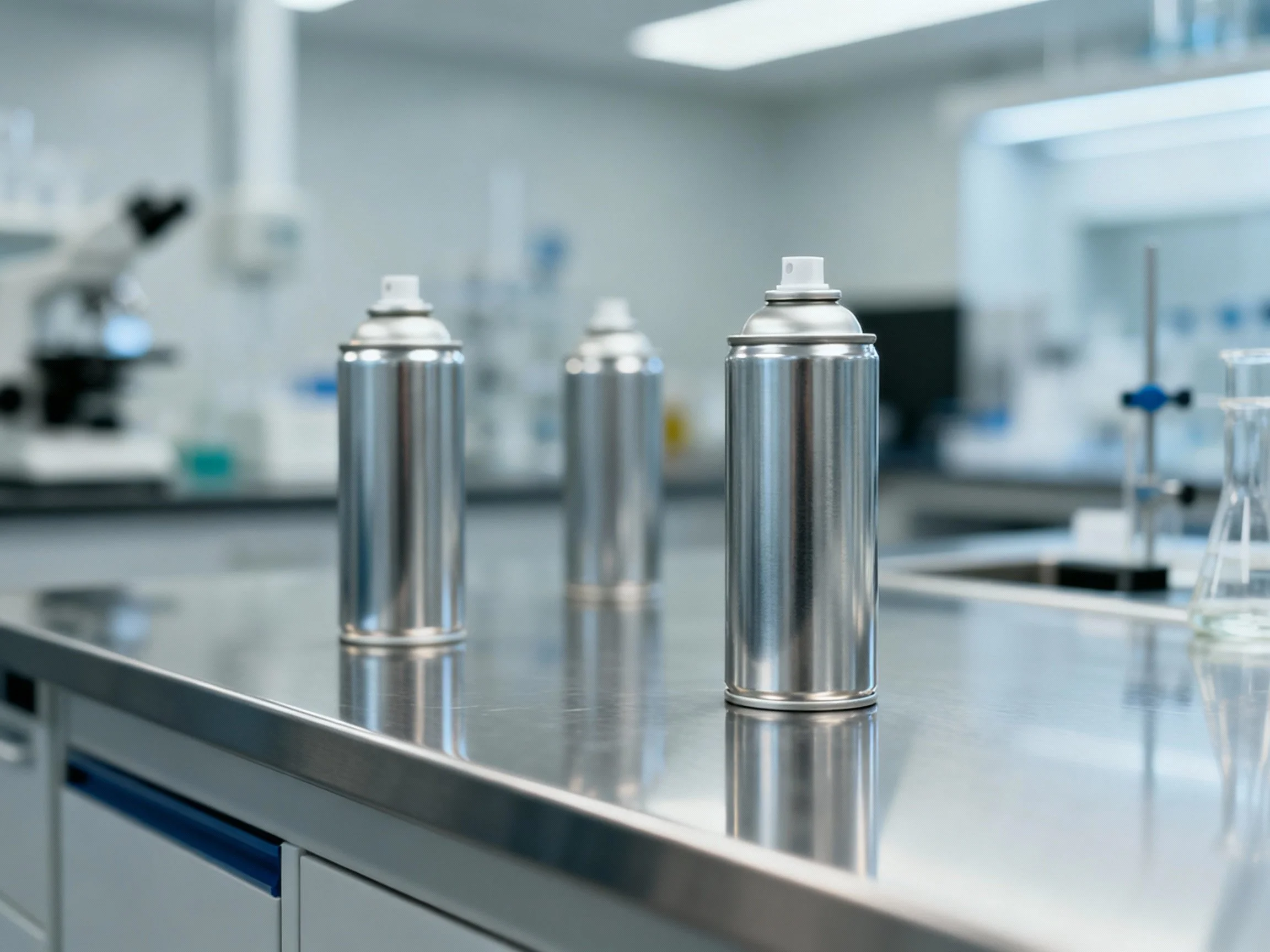 Three aerosol spray cans on a stainless steel laboratory counter with scientific equipment in the background.
