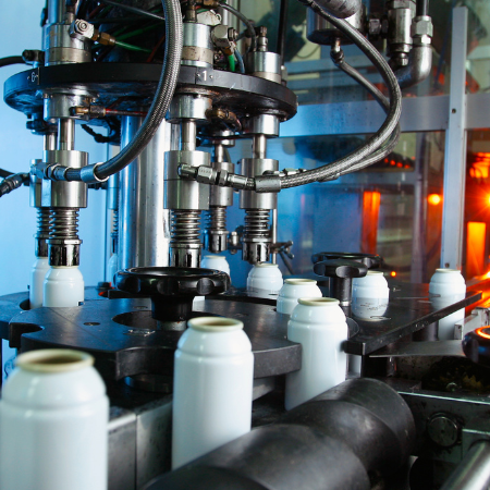 Automated filling machine filling white bottles in a manufacturing facility.