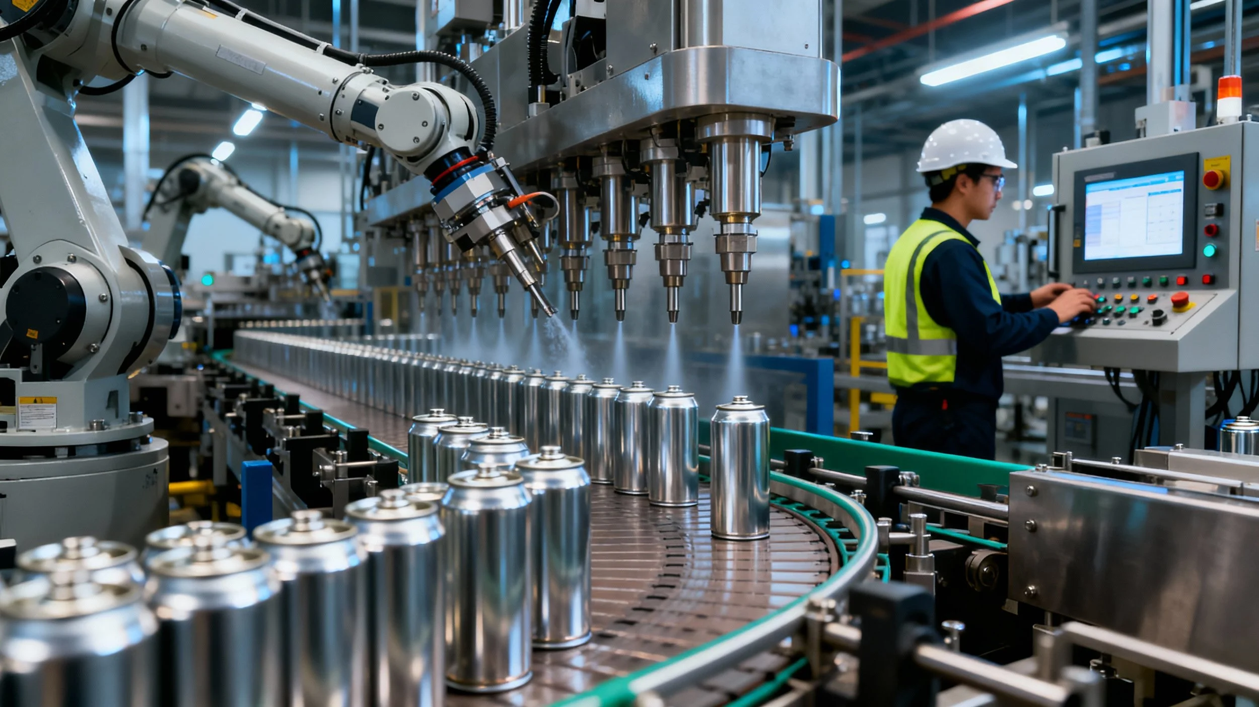 Automated manufacturing line with robotic arms and aluminum cans, with a worker operating a control panel.