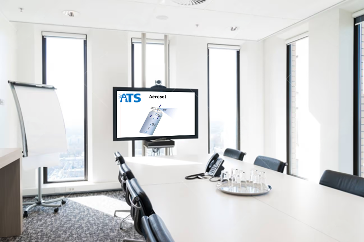 Conference room with large windows, a table with chairs, and a television displaying a presentation about aerosol spray