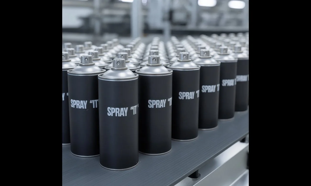 Multiple black spray cans with gray caps and white text that reads "SPRAY 'T" are arranged in rows on a table in a factory or industrial setting.