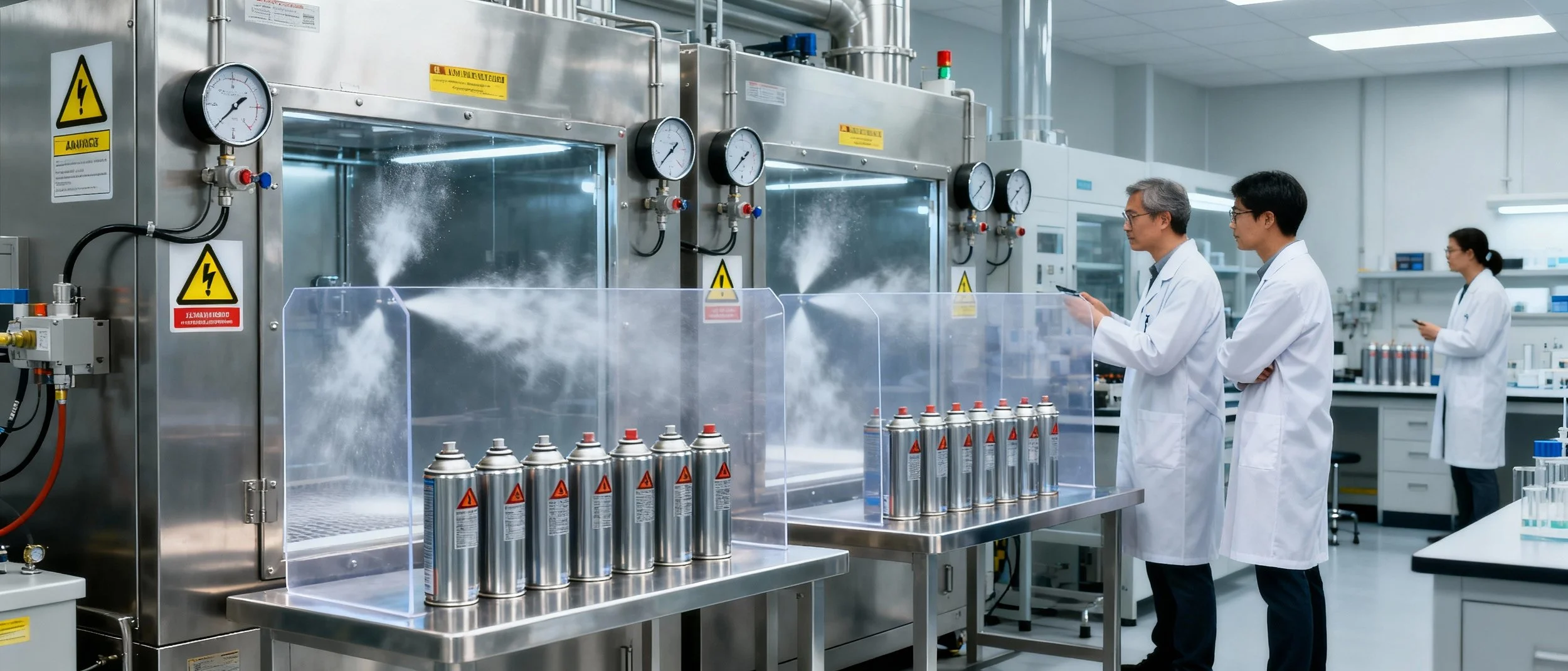 Scientists in lab coats working with spray cans and industrial equipment in a laboratory.