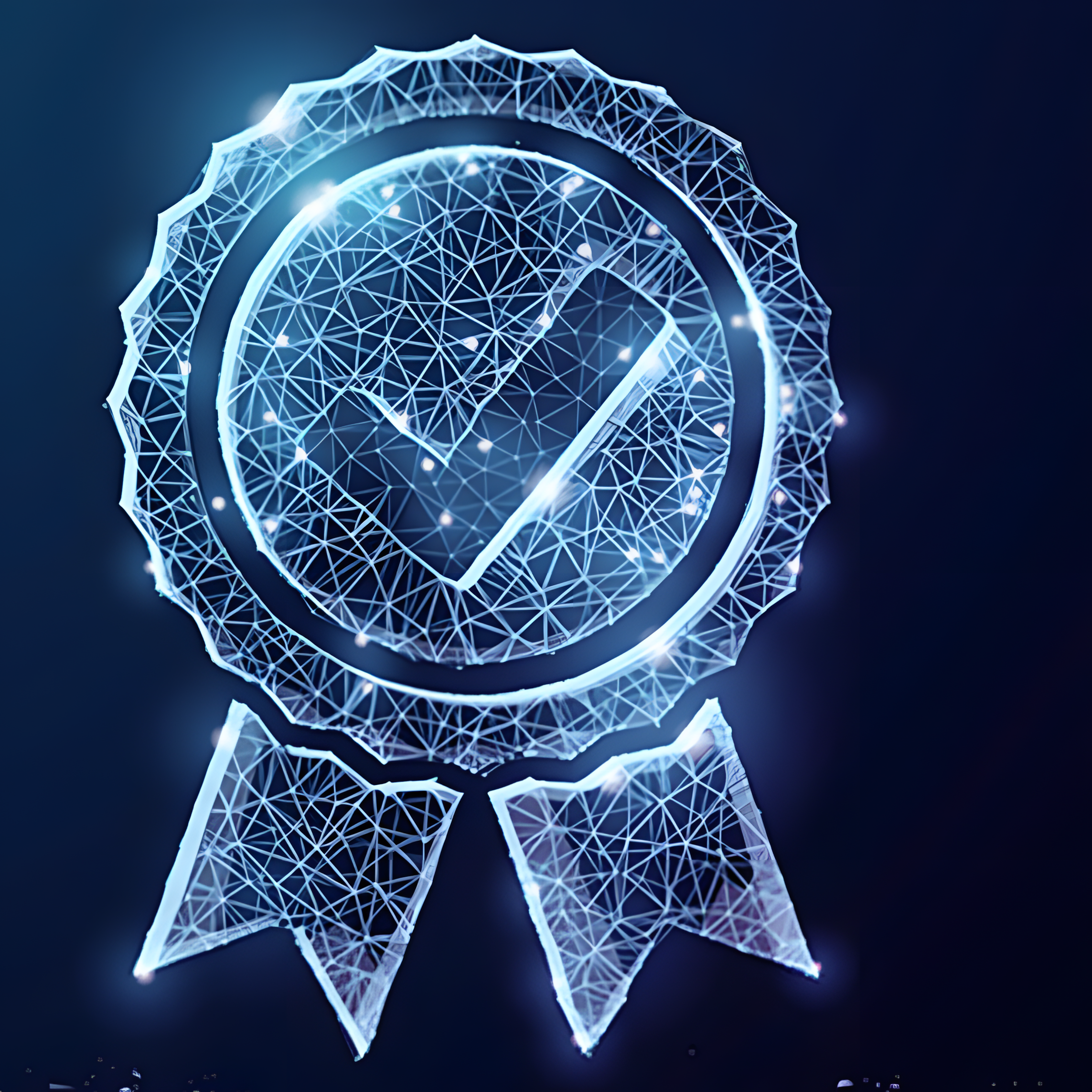 A digital illustration of a certificate or award with a checkmark in the center, created with a wireframe and glowing effects.