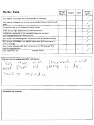 Mentor Chloe's feedback form with handwritten notes. The form has checked boxes indicating 'Agree,' and the handwritten notes mention being 'struck in what to do next steps' and 'amazing information.'