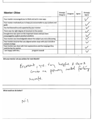 A printed form with a mentoring feedback section, including score strongly agree, and a handwritten note at the bottom. The note mentions experiencing very happy and less stress and suggests continuing on a promising path for future success. There's a question about possible improvements, with the handwritten answer 'Nil'.