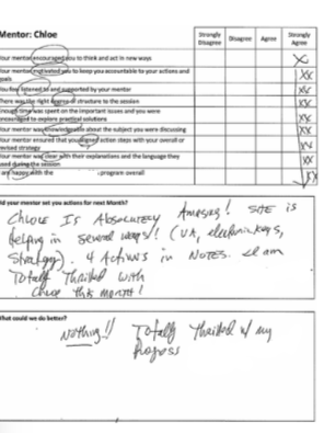 A filled-out form with several checkboxes, handwritten notes, and comments. The comments mention Chloe as 'absolutely amazing' and praise her for helping in several ways, with notes about her dedication and lovely attitude. they believe Chloe has beautiful thought and progress, and expresses negative feelings about something that could be improved.