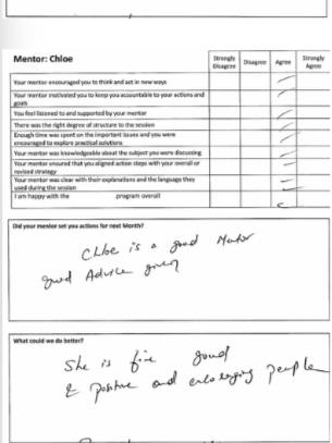 Mentor feedback form filled out with positive comments about Chloe's mentoring, noting her good advice and positive impact, and suggestions for improvement.
