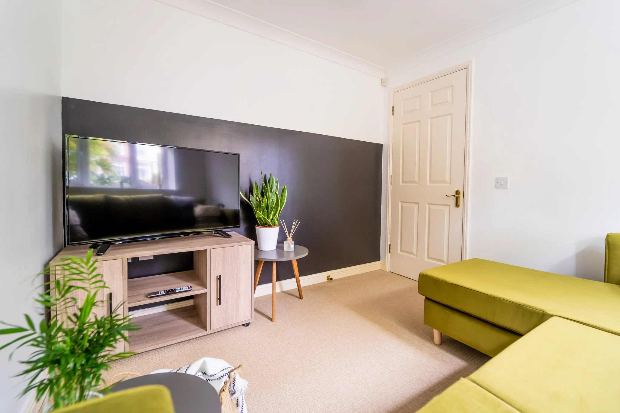 Living room with a flat-screen TV on a wooden stand, a green sofa, a black and white plant, and a small side table with a potted plant and scented sticks. Beige carpet and white walls with a dark gray accent wall and a white door.