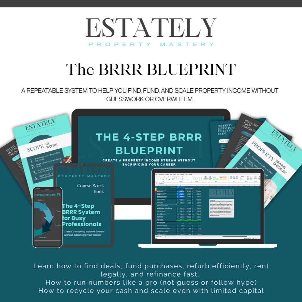 Cover of a property investment system called ESTATELY, featuring books, a smartphone, and a laptop screen displaying spreadsheets. The text highlights a 4-step blueprint to create a property income stream, with a focus on finding deals, funding, refurbishment, rent, and refinancing.