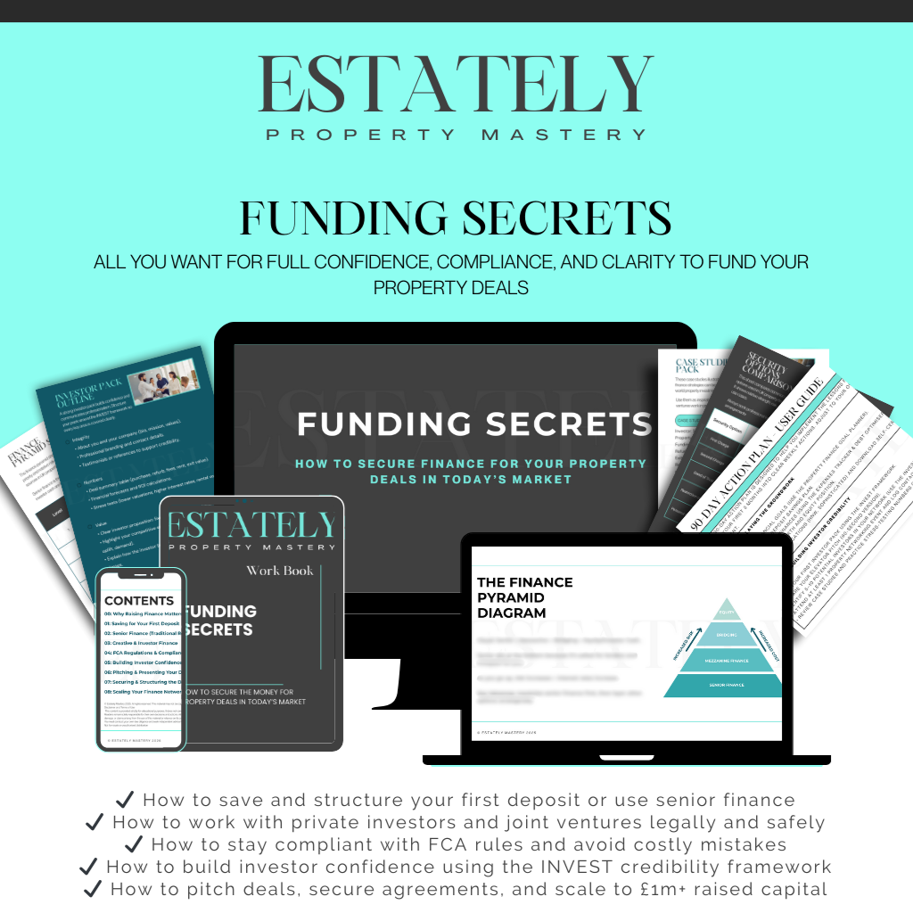 Cover of the 'Funding Secrets' guide by Estately Property Mastery, featuring electronic devices displaying finance and property deal information, with titles highlighting finance, investor confidence, FCA rules, investor pitches, and secure agreements.