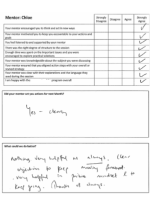 Mentor Chloe feedback form with checkboxes for rating and handwritten comments expressing satisfaction and suggestions for improvement.