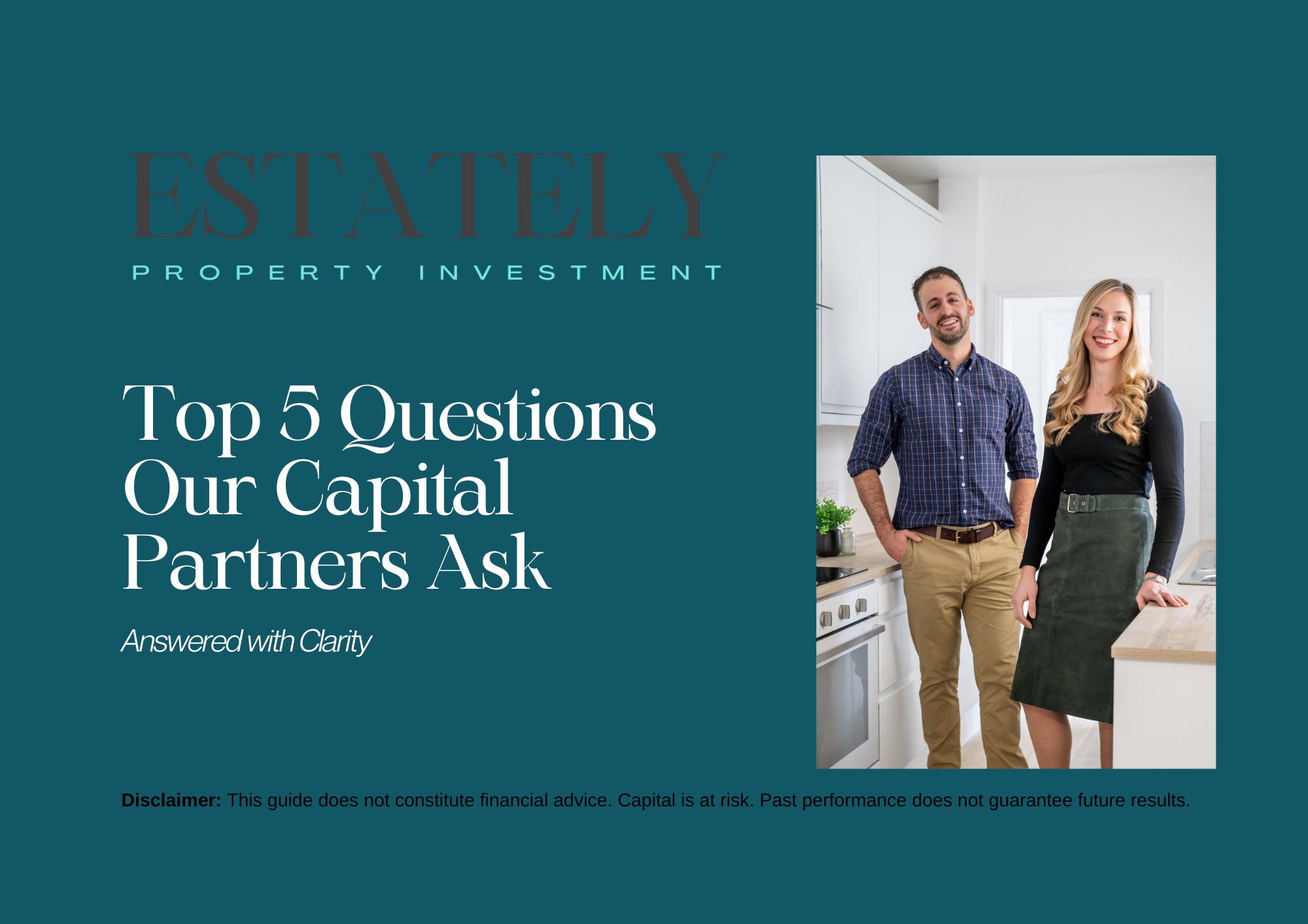Two people, a man and a woman, standing in a modern kitchen and smiling at the camera.