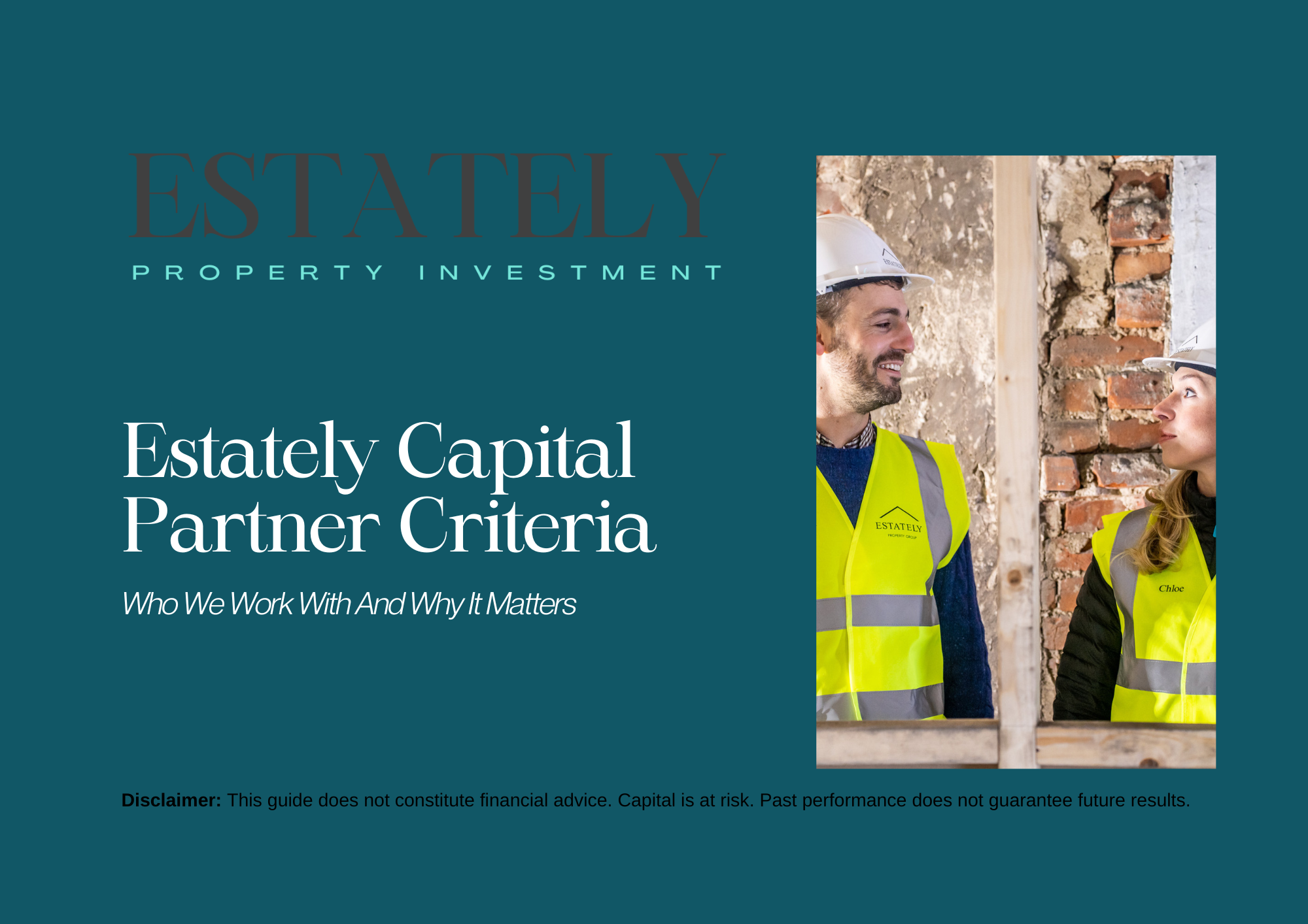 Cover page of a guide titled 'Estately Capital Partner Criteria' with a photo of a man and woman in construction vests and hard hats standing inside a brick wall construction site.