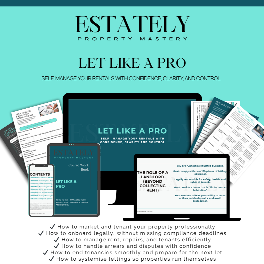 A promotional book and course materials for property management and rental landlord guide titled 'Let Like a Pro,' including tablet and smartphone displays showing the course content, along with a list of benefits on a teal background.