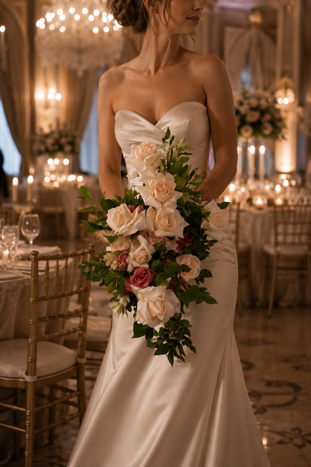 A bride in a strapless satin wedding gown holding a large cascading bouquet of white, blush, and dark pink roses in an elegant, candlelit reception hall with round tables and gold chairs.