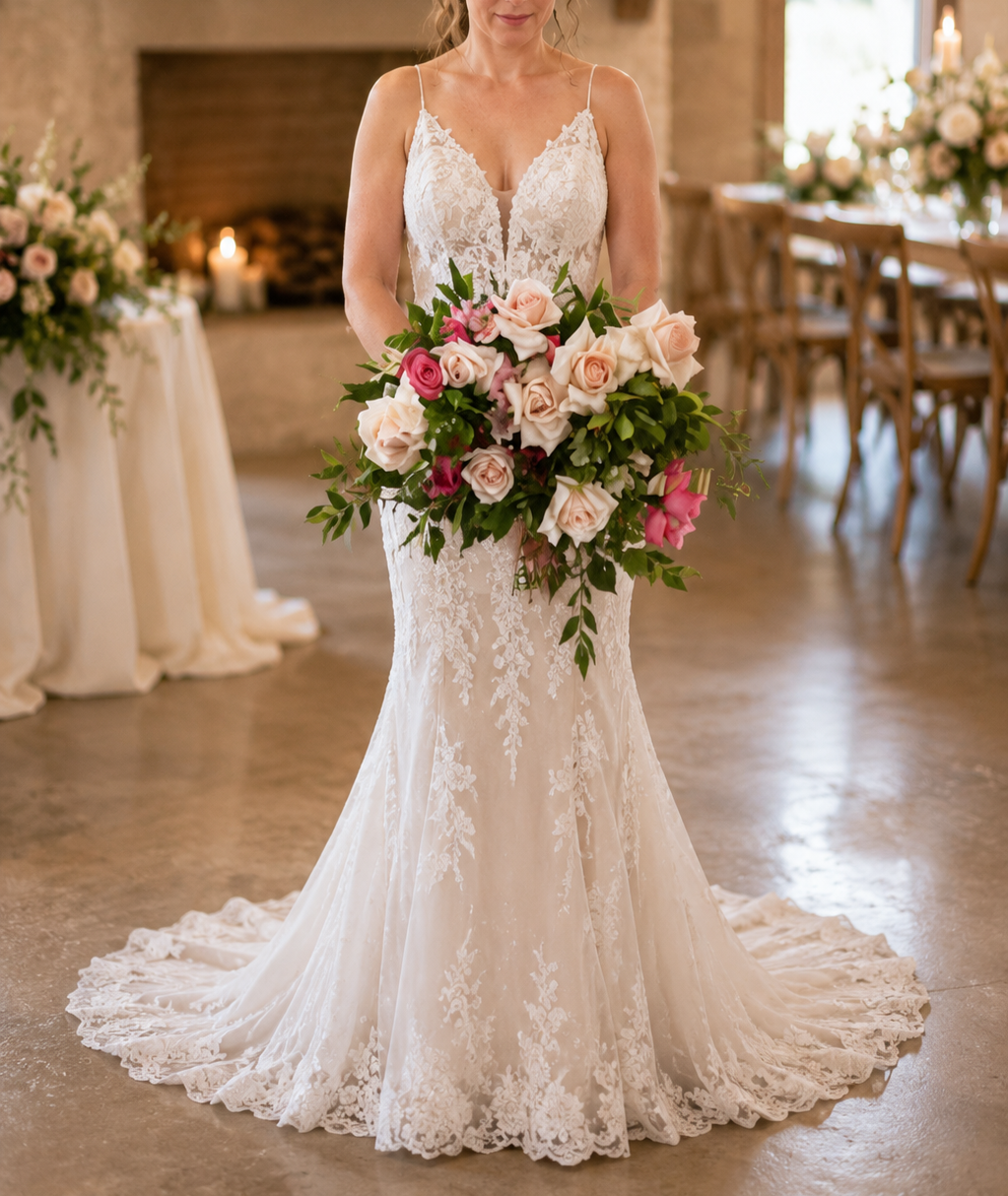 A bride in a white lace wedding dress holding a large bouquet of pink and white roses with green foliage in an indoor venue decorated for a wedding.