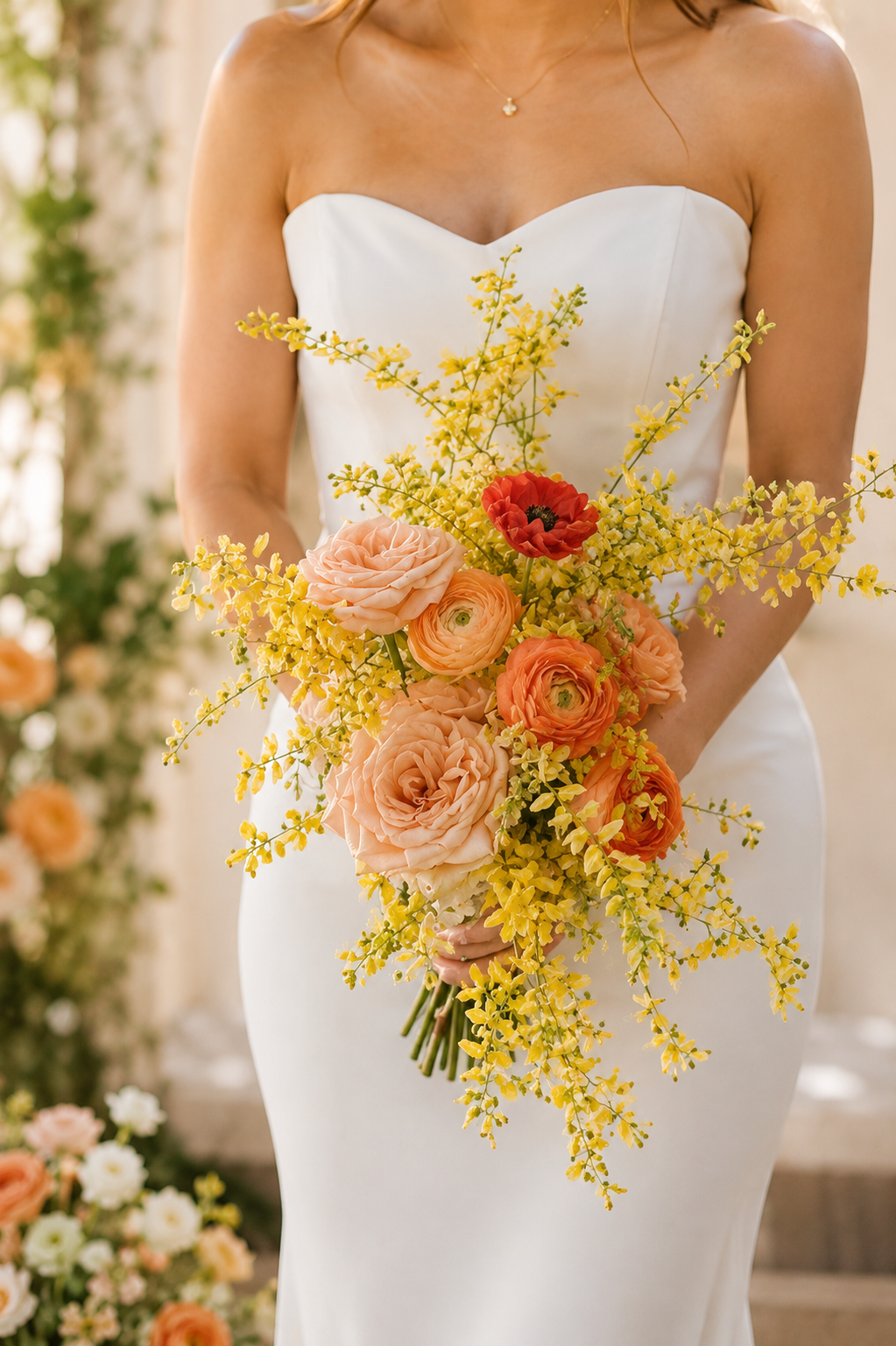 A bride in a white strapless dress holding a bouquet of peach and yellow flowers, including roses and ranunculus, with a blurred floral background.