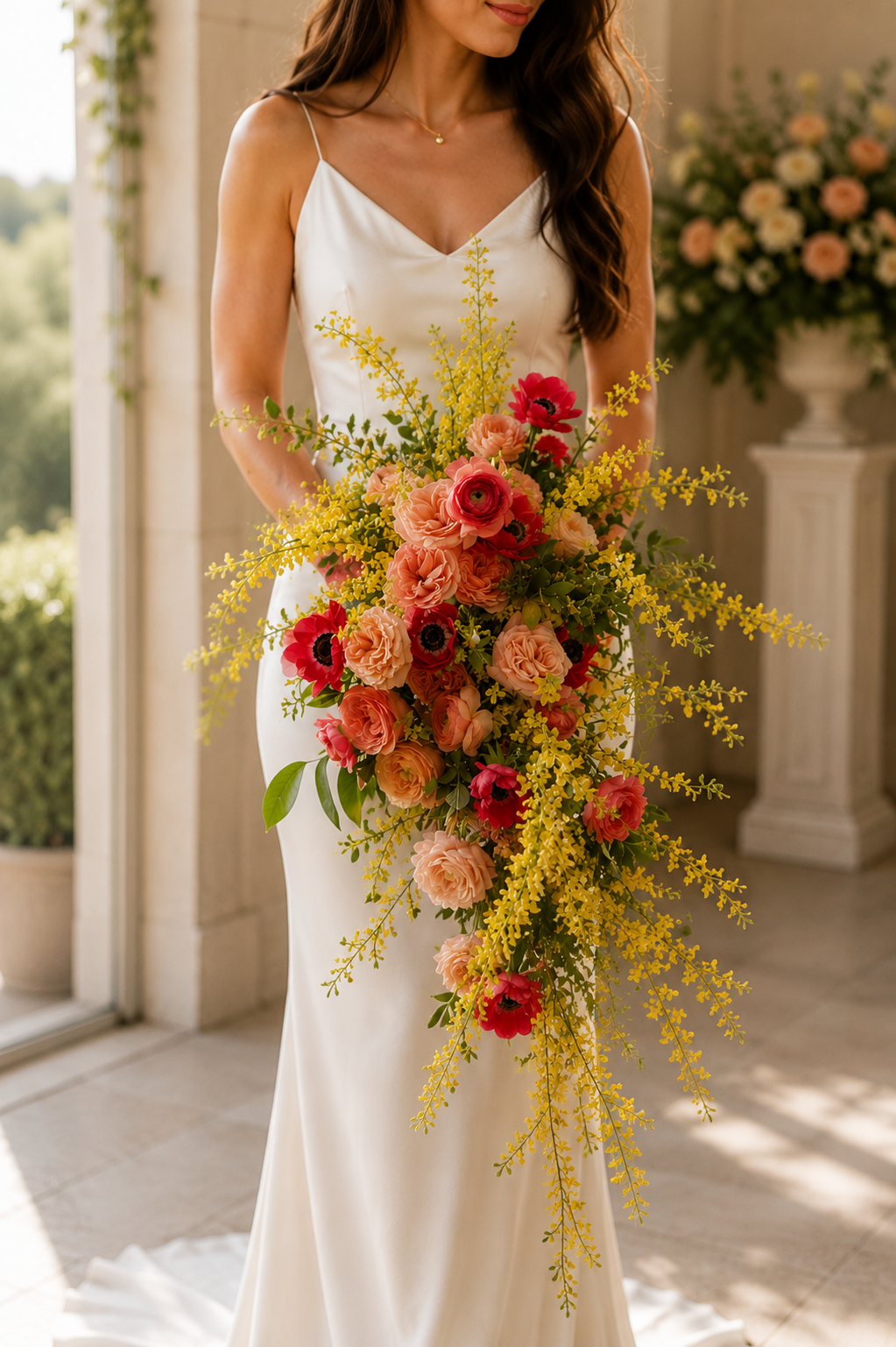 A woman in a white sleeveless dress holding a cascading bouquet of yellow, pink, and coral flowers indoors with floral arrangements in the background.