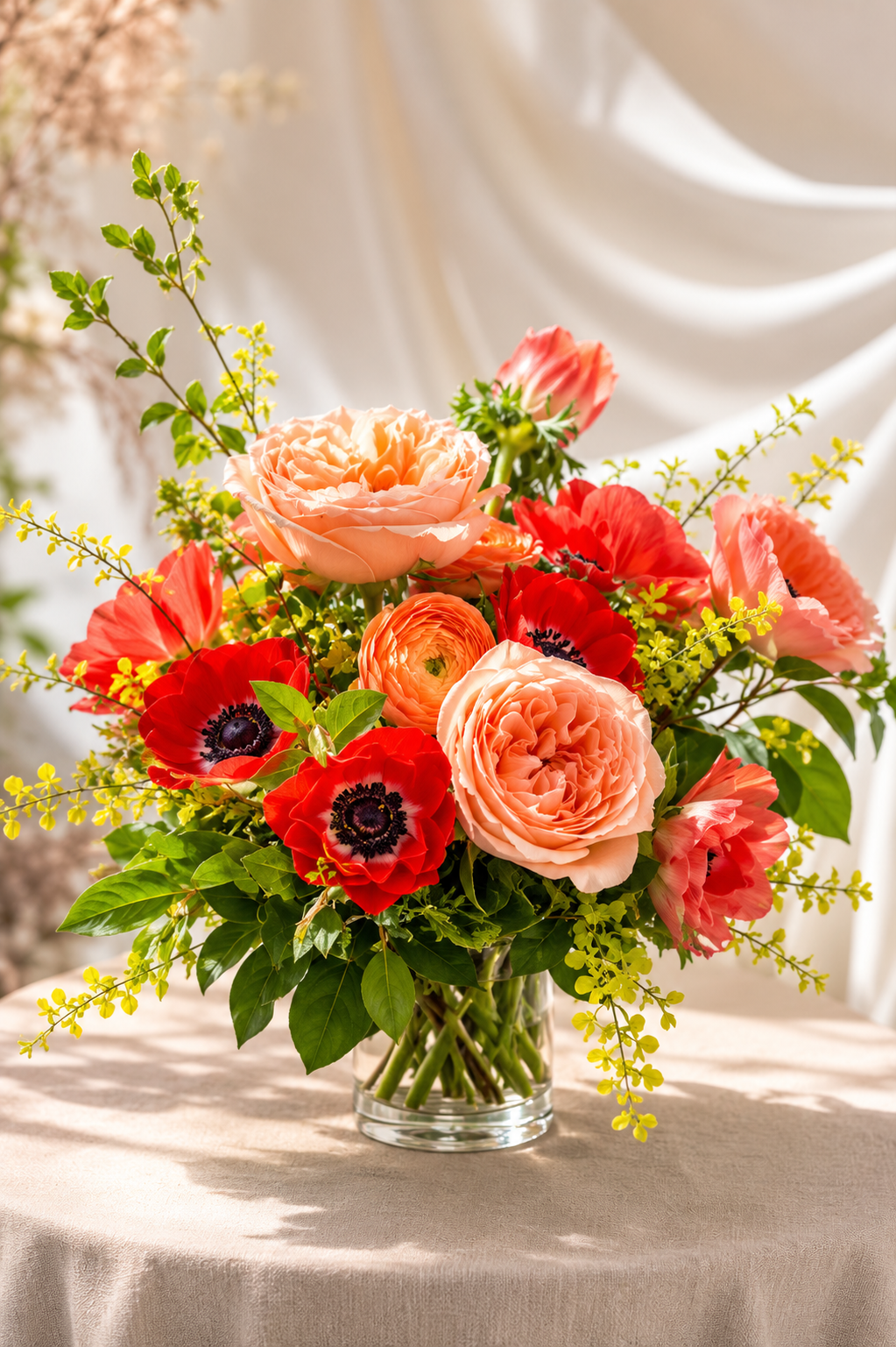 A vibrant bouquet of pink, red, and peach flowers in a glass vase on a table.