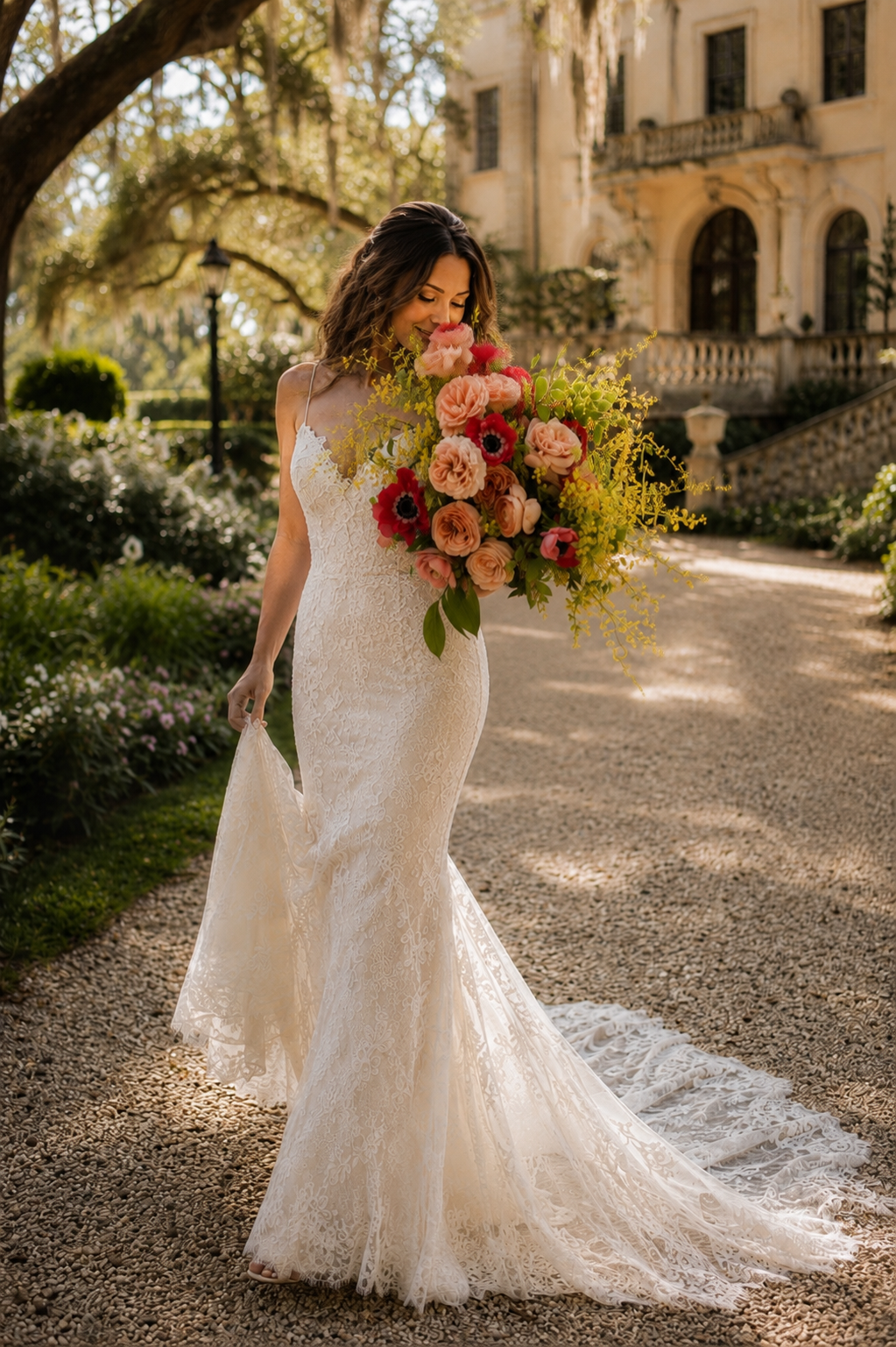 A bride in a lace wedding dress holding a large bouquet of pink and red flowers, standing outdoors near a historic building and trees.