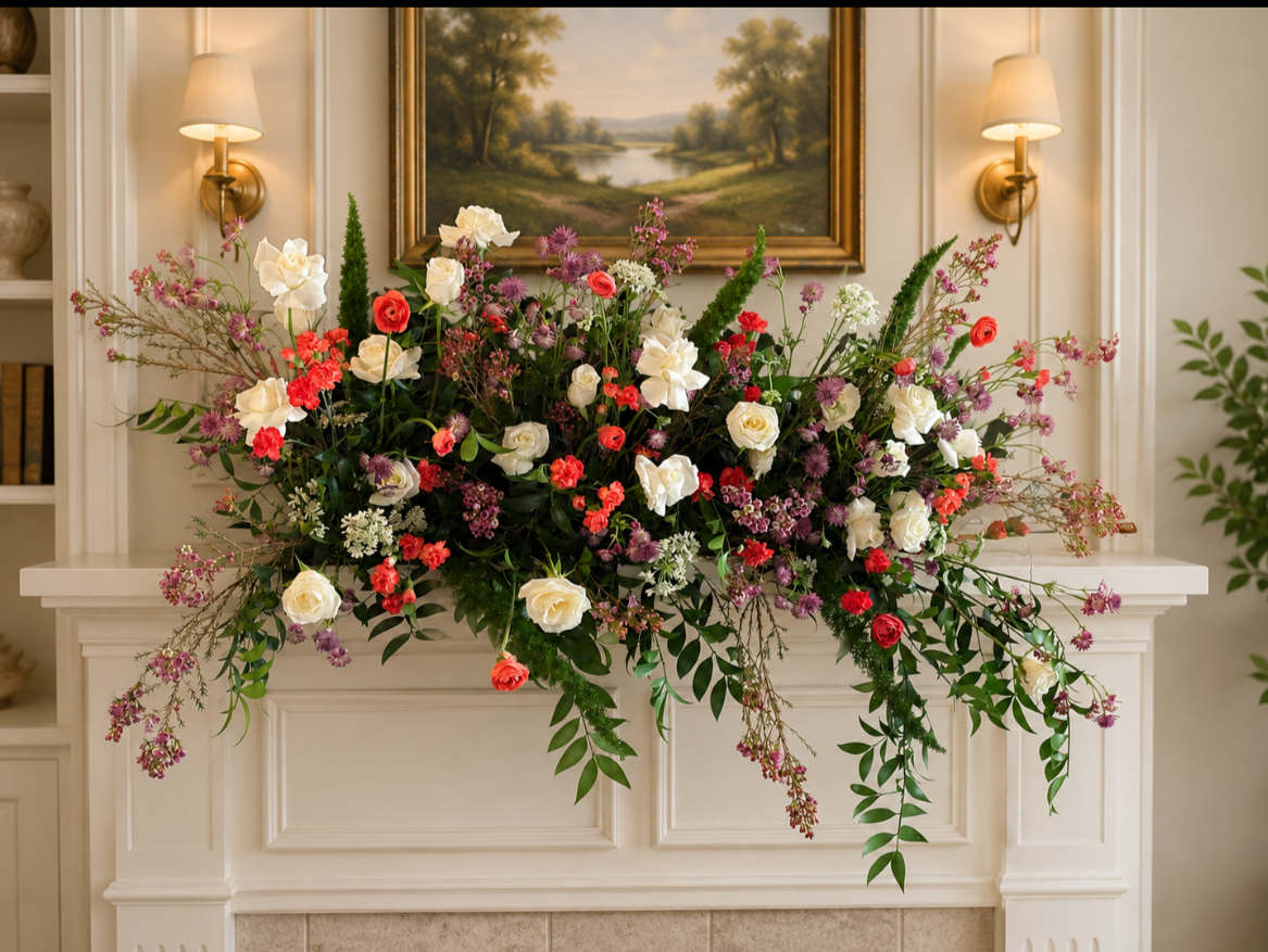 Large floral arrangement with white, purple, red, and pink flowers on a white fireplace mantle in a room with framed landscape artwork and wall-mounted lamps.