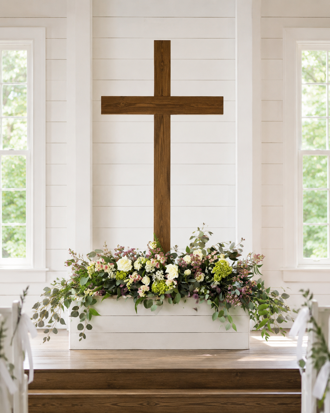 A wooden cross on a white wall with windows on both sides, decorated with a floral arrangement at the base, inside a church.