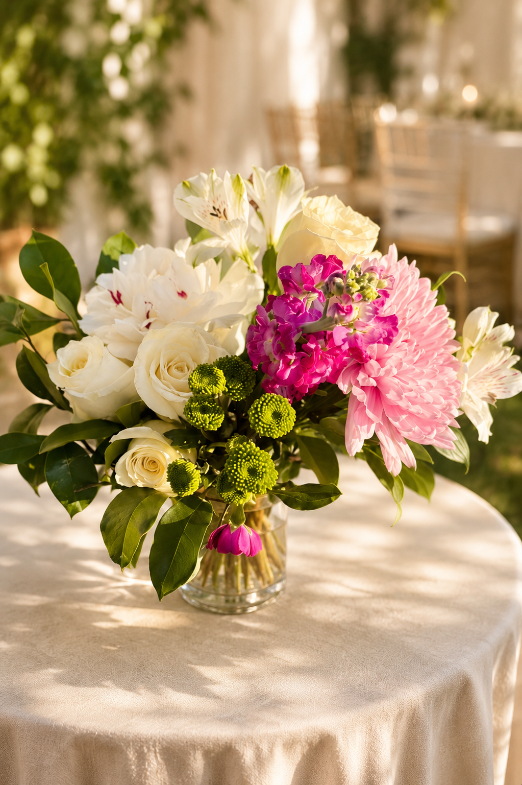 Pink and white wedding floral arrangement in a clear glass vase with greenery.