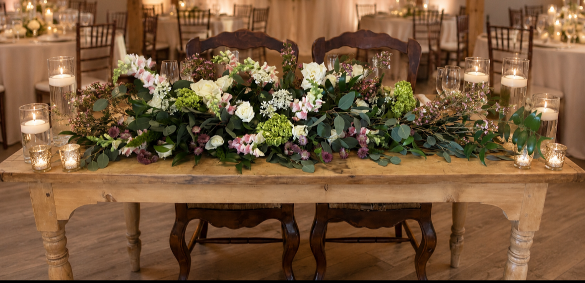 A rustic wooden table decorated with a large floral arrangement and surrounded by candles in glass holders, set for a formal event or wedding reception.