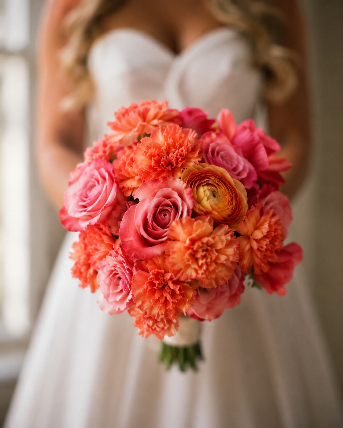 A bride holding a vibrant bouquet of pink and orange roses, carnations, and ranunculus, with the wedding dress and partially visible blonde hair in the background.