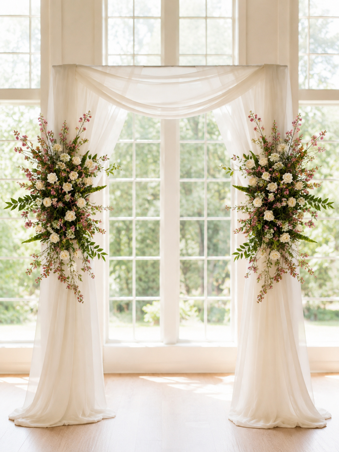 Elegant wedding arch with white draped fabric and large floral arrangements of white roses, pink flowers, and greenery in front of large windows facing outdoors.