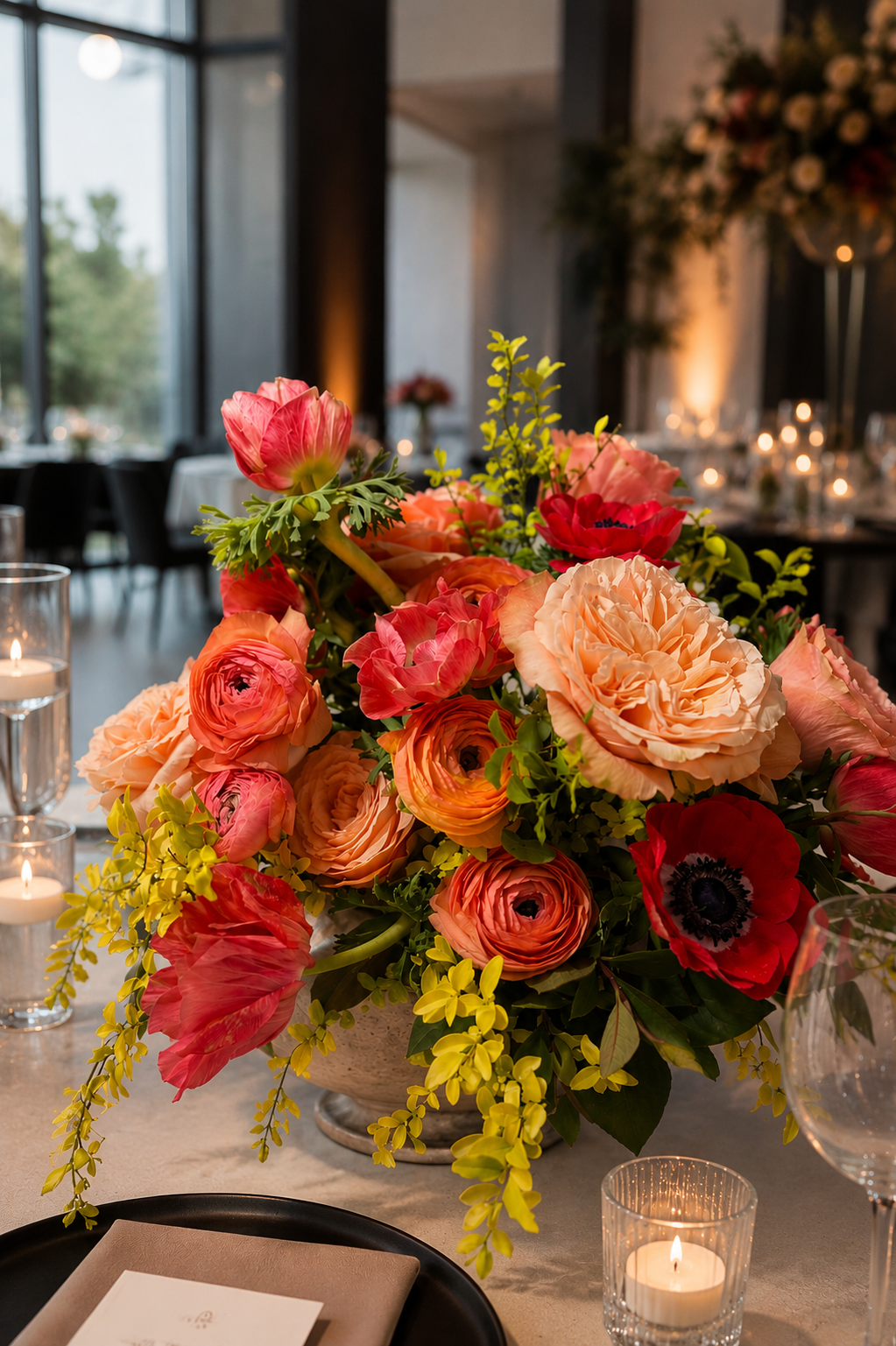 Pink, peach, and red wedding reception centerpiece displayed with candles and glassware.