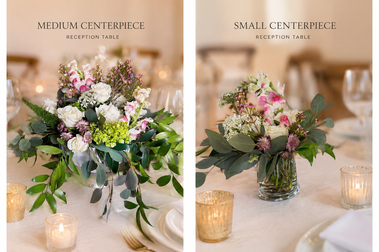 Two floral centerpieces on a dining table, one medium and one small, with candles and glassware.