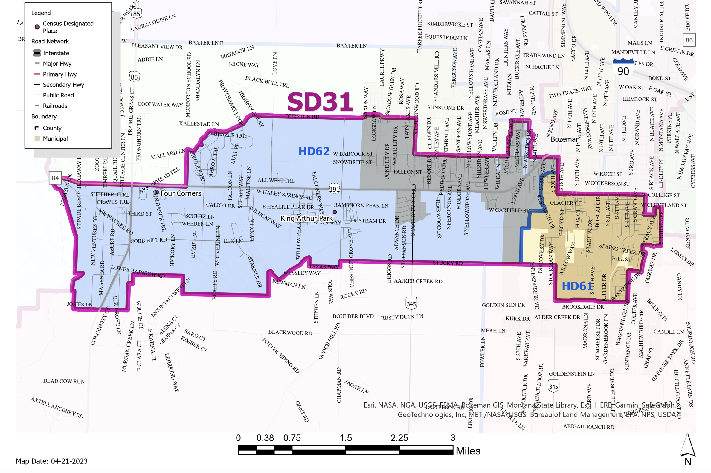 Map of Bozeman, Montana showing city boundaries, streets, Interstate 90, Highway 191, and the labeled boundaries of House Districts 61 and 62 and Senate District 31.