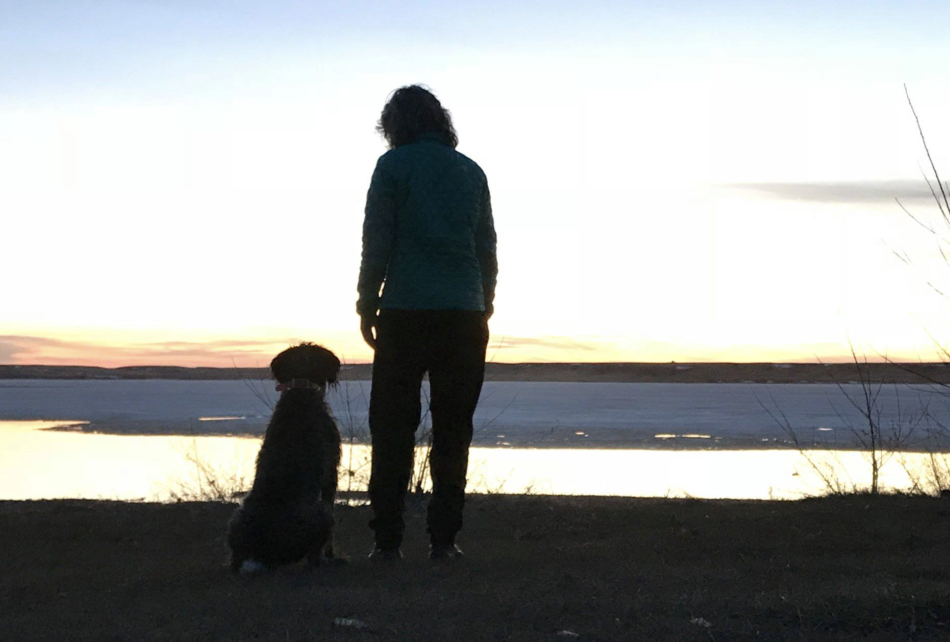 A person and a dog watching a sunset by a body of water.
