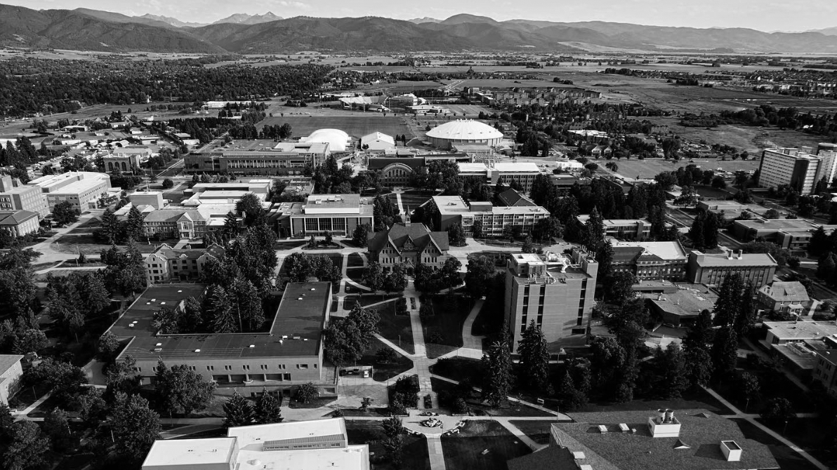 Aerial view of Montana State University and surrounding town and mountains in Montana Senate District 31.